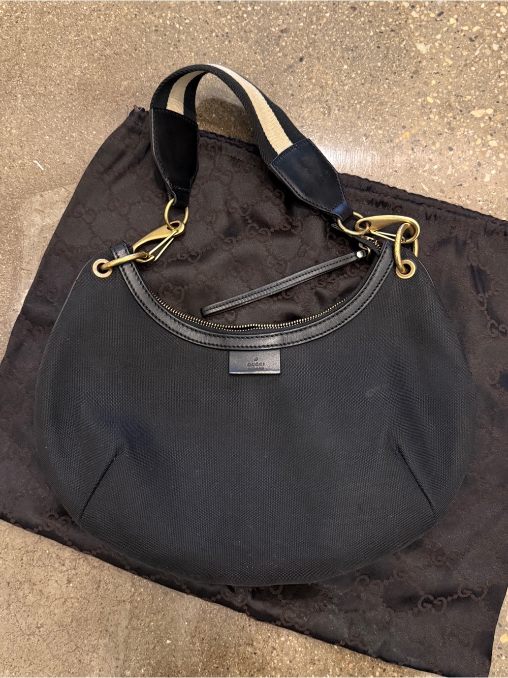 Gucci Black Canvas Crescent Shoulder Bag with Striped Strap - Picture 2 of 8